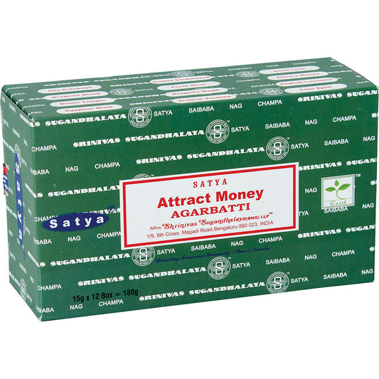 Satya Attract Money Incense Sticks 12 Packs x 15 Grams Box of 180 Grams